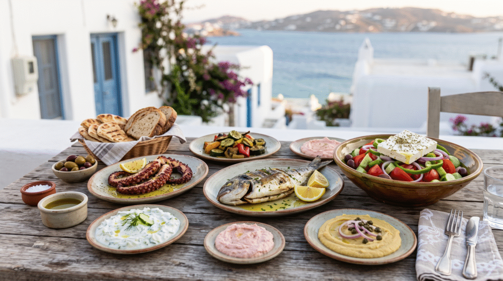 Mediterranean food photography in a stylish Mykonos taverna, beautifully arranged Greek dishes including grilled seafood,