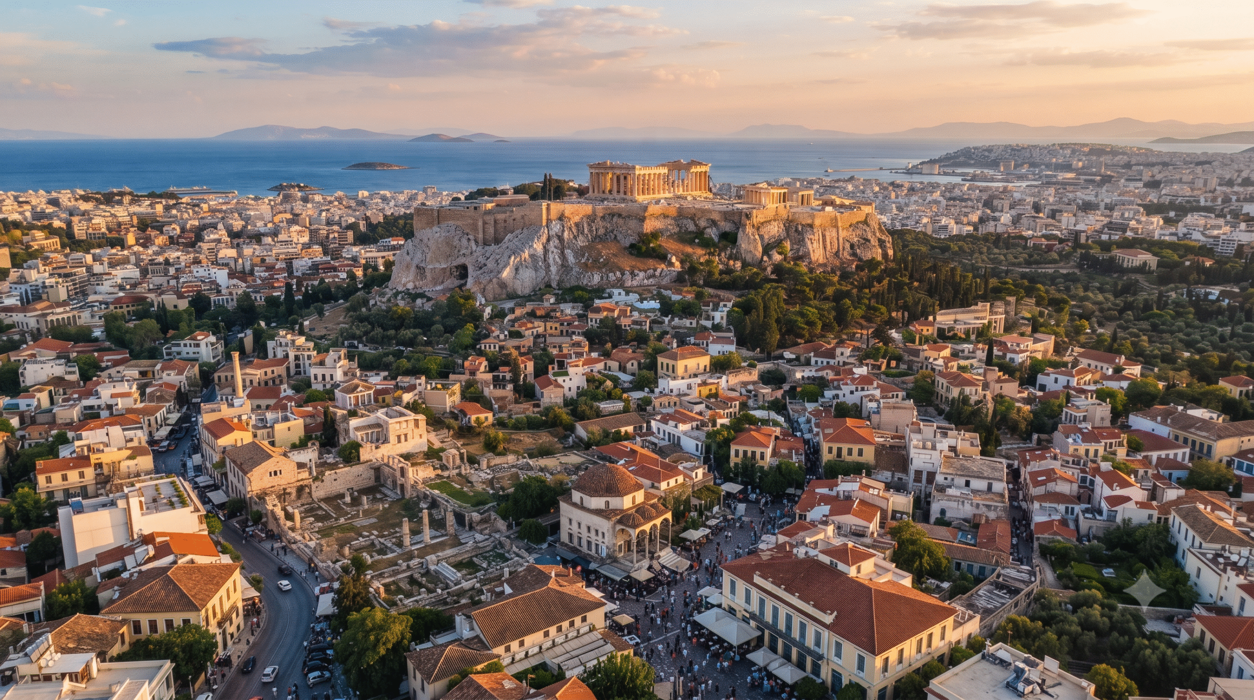 cinematic aerial travel photograph of Athens, Greece during golden hour, iconic Acropolis hill and Parthenon prominently visible above the historic city