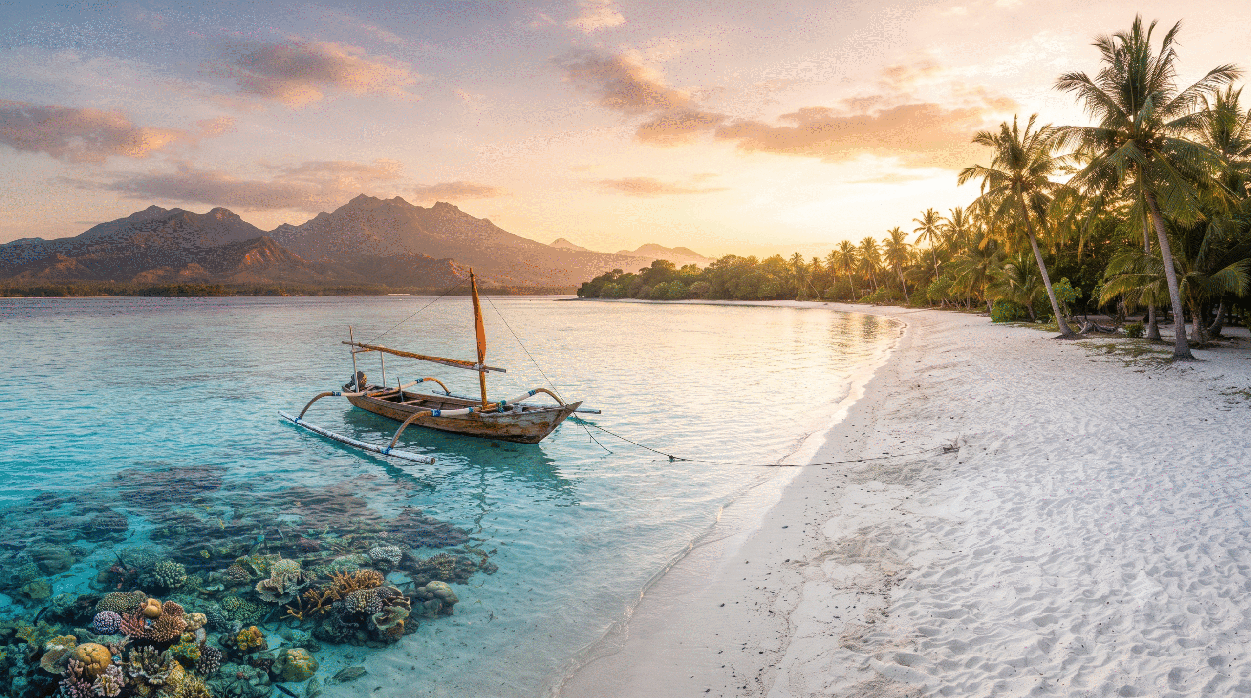 luxury travel photograph of the Gili Islands, Indonesia, panoramic tropical island paradise with crystal-clear turquoise water