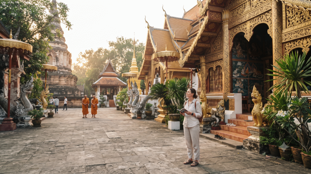 cultural travel photograph of an adult traveller respectfully exploring an ornate Buddhist temple in Chiang Mai, Thailand, intricate golden Lanna architecture, traditional murals and decorative details