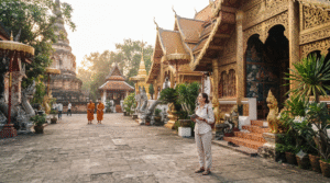 cultural travel photograph of an adult traveller respectfully exploring an ornate Buddhist temple in Chiang Mai, Thailand, intricate golden Lanna architecture, traditional murals and decorative details