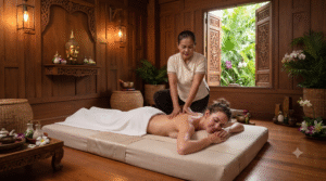 luxury wellness travel photograph inside a peaceful traditional Thai spa in Chiang Mai, Thailand,