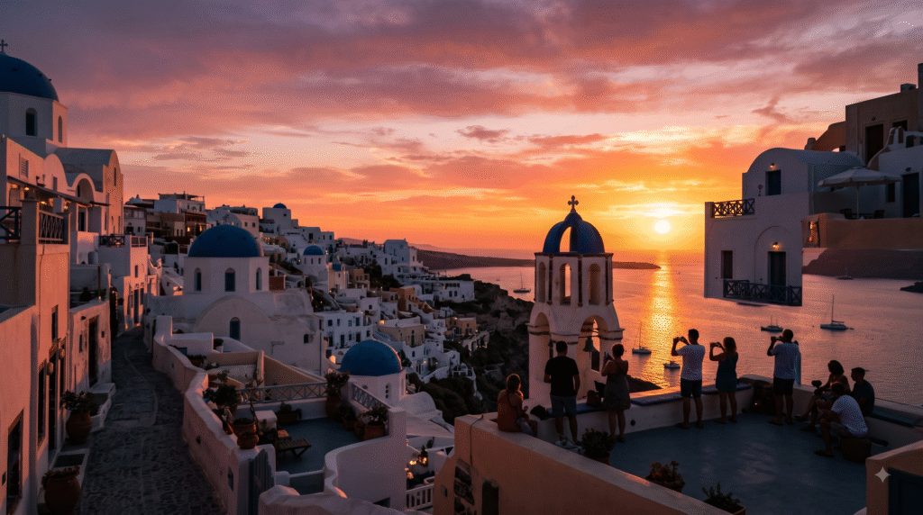 romantic sunset scene in Oia, Santorini, Greece, silhouettes of traditional whitewashed buildings and blue-domed churches
