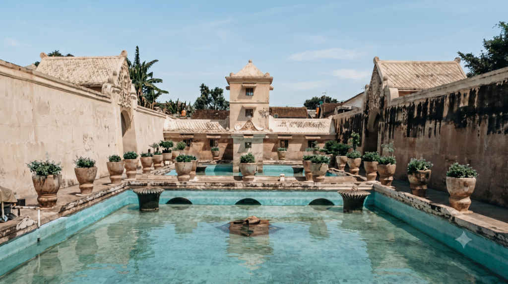 premium cinematic travel photography of Taman Sari Water Castle in Yogyakarta,