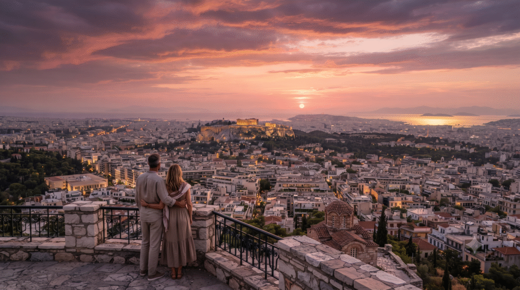 panoramic sunset photograph from Mount Lycabettus in Athens, Greece, sweeping view over the entire Athens cityscape, Acropolis illuminated in the middle distance