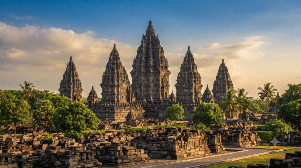 Prambanan, an extraordinary Hindu temple complex known for its towering spires,