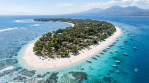 aerial travel photograph of Gili Trawangan, Indonesia, crescent-shaped tropical island surrounded by brilliant turquoise