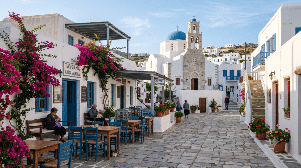 peaceful village scene in Ano Mera, Mykonos, Greece, traditional Greek village