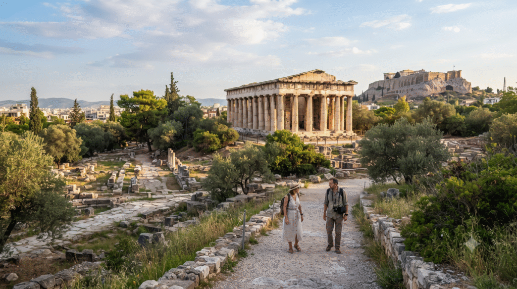 historical travel photograph of the Ancient Agora of Athens, Greece, Temple of Hephaestus standing prominently among ancient ruins