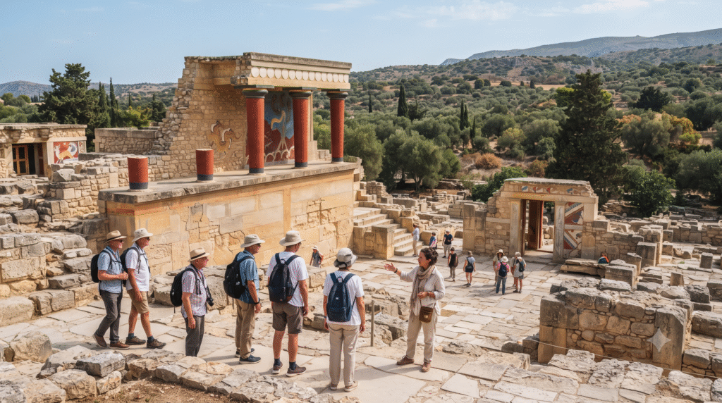archaeological travel photograph of the Palace of Knossos in Crete, Greece, ancient Minoan palace ruins with colorful reconstructed columns