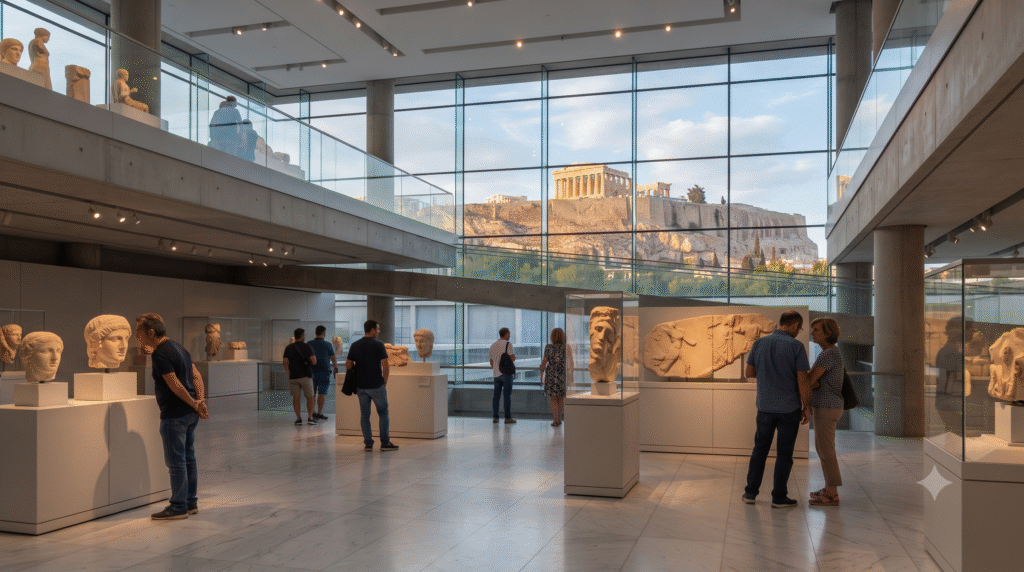 Photorealistic interior architecture photograph inside the Acropolis Museum in Athens, Greece, elegant modern glass-and-marble museum gallery displaying ancient Greek sculptures and archaeological artefacts,