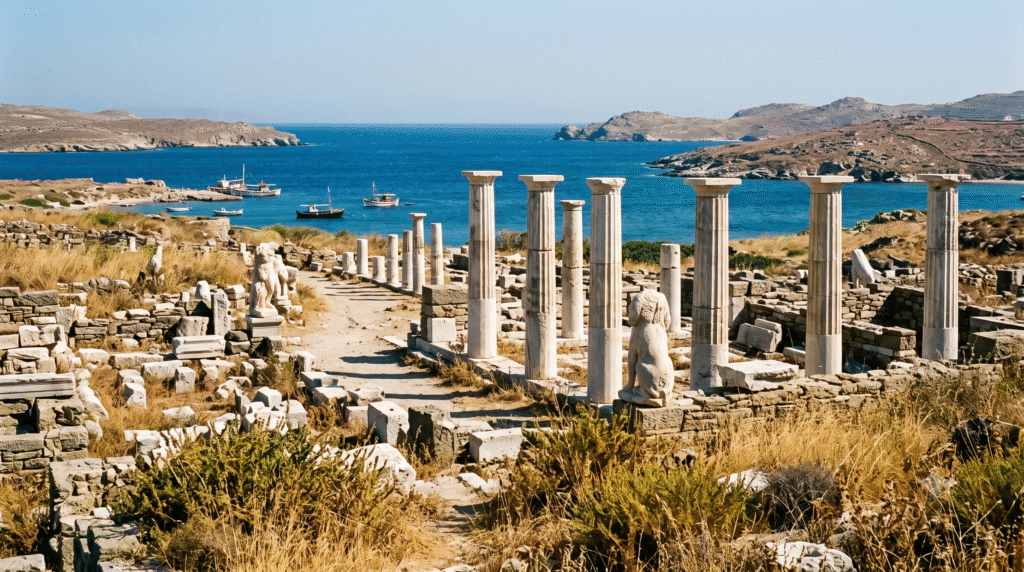 archaeological travel photograph of ancient Delos Island near Mykonos, Greece, impressive marble ruins,