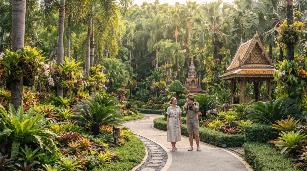Photorealistic botanical garden travel photograph inside Nong Nooch Tropical Garden near Pattaya, Thailand,