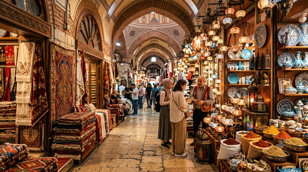 photograph of Istanbul's traditional Grand Bazaar, Turkey, ornate arched ceilings, colorful Turkish lamps hanging overhead, beautifully arranged carpets, ceramics, spices and handcrafted souvenirs,