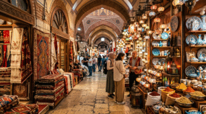 photograph of Istanbul's traditional Grand Bazaar, Turkey, ornate arched ceilings, colorful Turkish lamps hanging overhead, beautifully arranged carpets, ceramics, spices and handcrafted souvenirs,