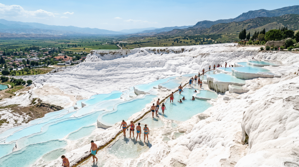 photograph of Pamukkale, Turkey, brilliant white travertine terraces cascading down the hillside with naturally formed turquoise thermal pools,