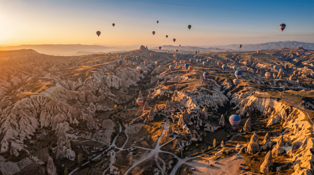 aerial landscape photograph of Cappadocia, Turkey at sunrise, surreal valley filled with towering fairy chimneys and unusual volcanic rock formations, dozens of colorful hot-air balloons floating at different heights across the sky,
