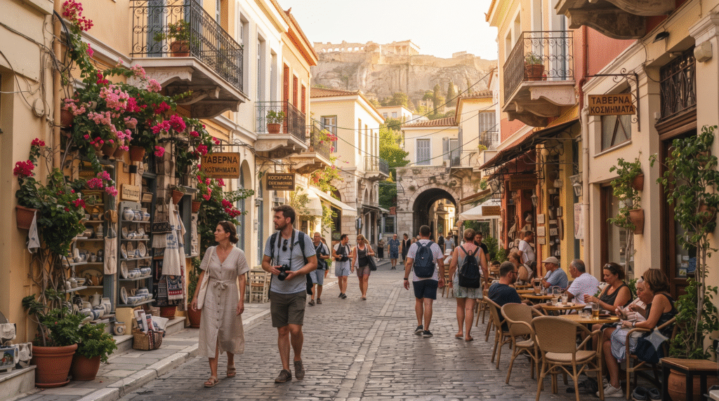 street-level travel photograph in Plaka, Athens, Greece, narrow cobblestone pedestrian street lined with colorful neoclassical buildings