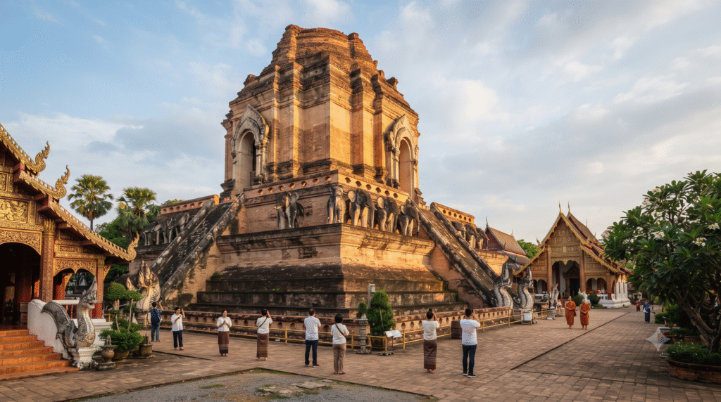 architectural photograph of Wat Chedi Luang in Chiang Mai, Thailand, enormous weathered ancient brick chedi rising above the temple