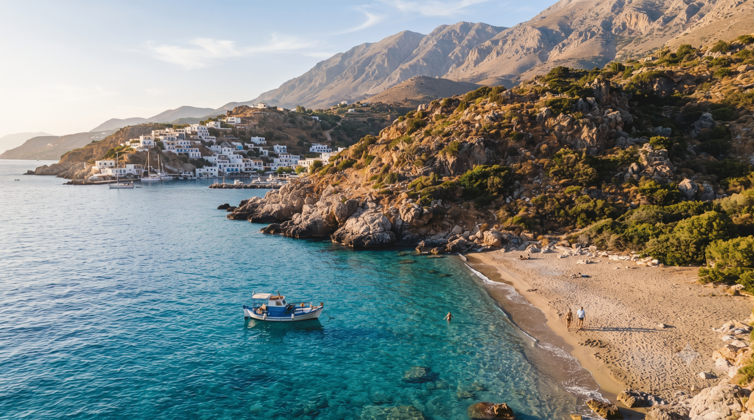 cinematic aerial travel photograph of Crete, Greece, dramatic Mediterranean coastline