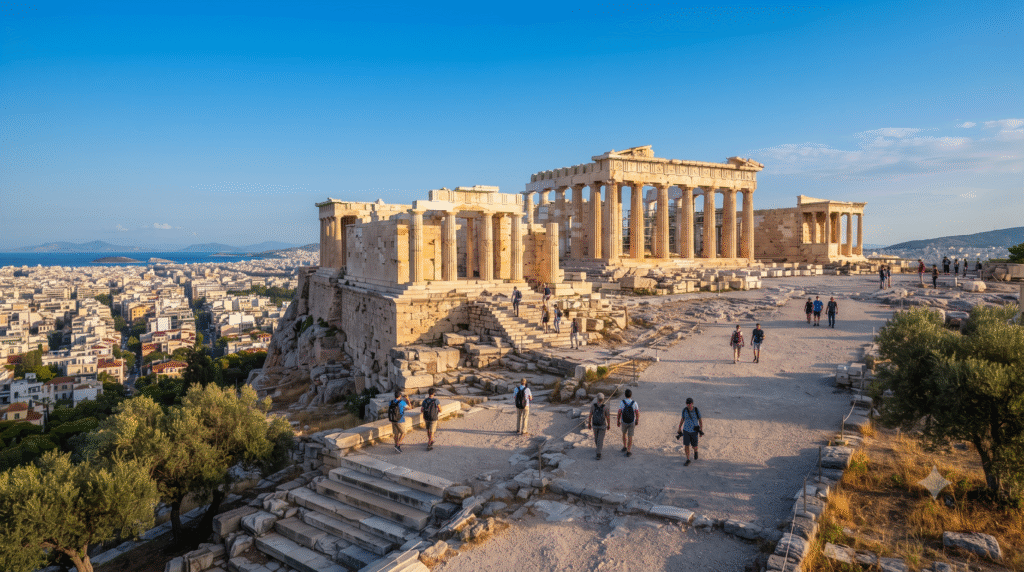 rchitectural travel photograph of the Acropolis and Parthenon in Athens, Greece, viewed from a slightly elevated historic viewpoint,