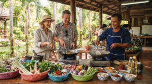Photorealistic culinary travel photograph of an adult couple participating in a traditional Thai cooking class in Chiang Mai, Thailand, local chef demonstrating northern Thai cuisine