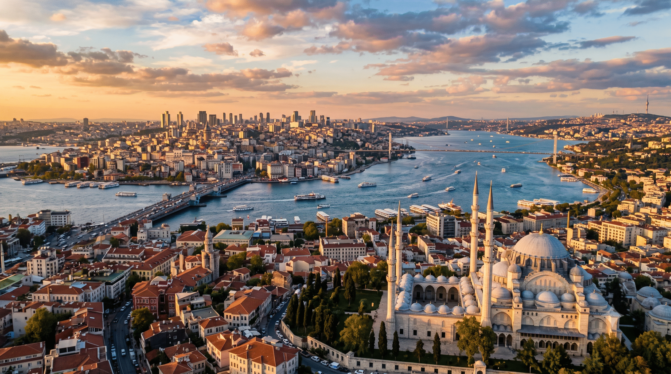 cinematic panoramic travel photograph representing Turkey, viewed from an elevated viewpoint over Istanbul at golden hour