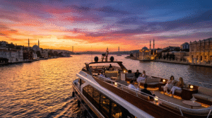 Cinematic luxury travel photograph of an elegant Bosphorus cruise boat sailing between Europe and Asia in Istanbul, Turkey, golden sunset reflecting across the water, historic waterfront palaces and mosques illuminated by warm light,
