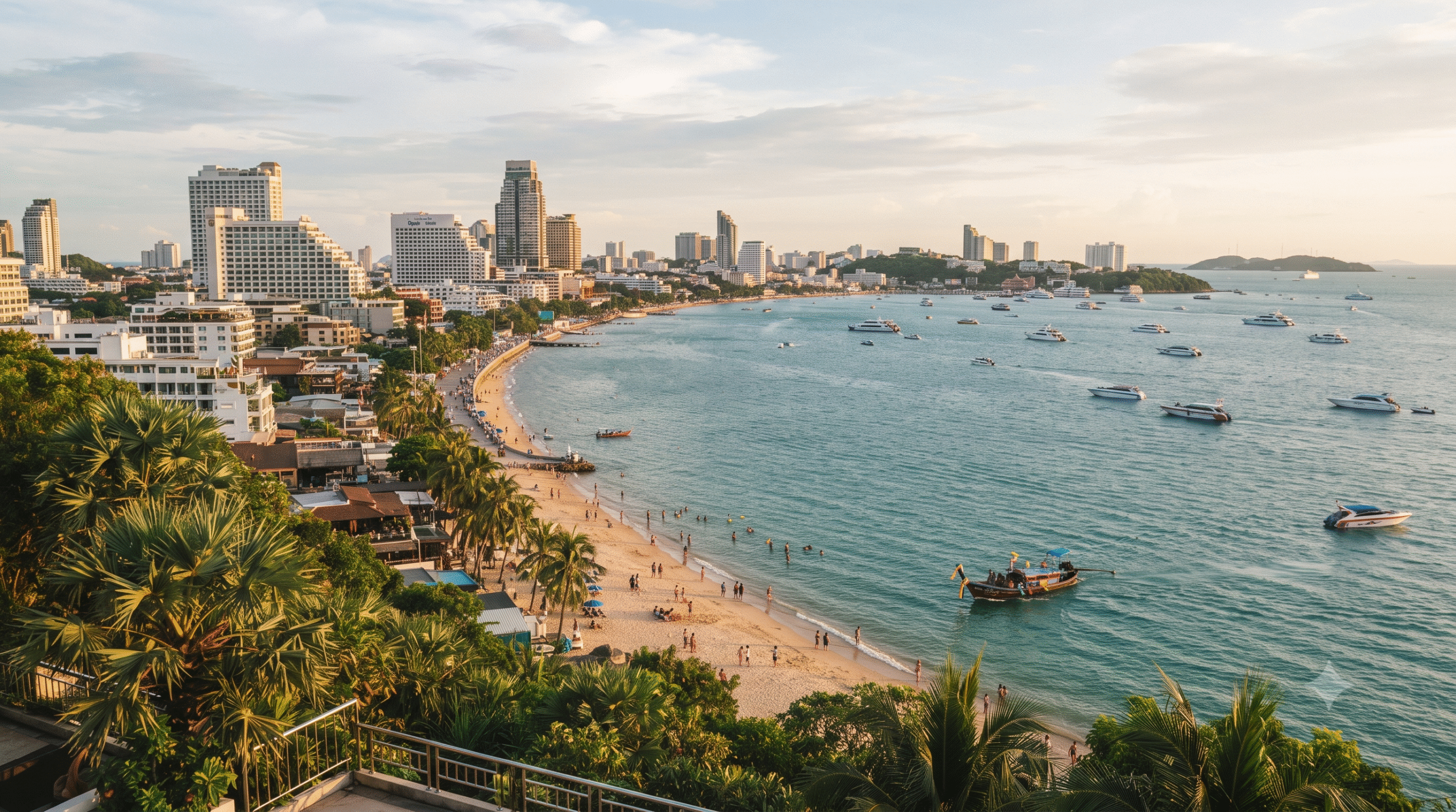 premium travel photograph of Pattaya, Thailand, viewed from an elevated coastal viewpoint, sweeping turquoise Gulf of Thailand, Pattaya Bay curving along a modern tropical beachfront city,