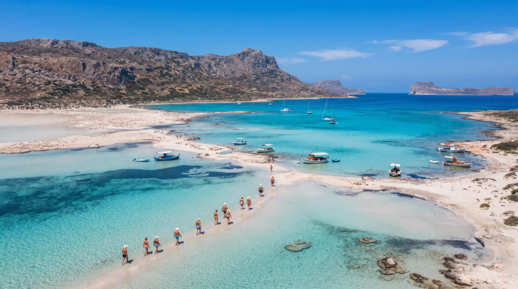 photograph of Balos Lagoon in Crete, Greece, spectacular turquoise shallow lagoon surrounded by white sand and rugged rocky mountains,