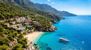 aerial photograph of Turkey's turquoise Mediterranean coastline near Antalya, dramatic green mountains meeting a brilliant blue sea, secluded sandy beach, elegant luxury resort partially visible among Mediterranean trees,