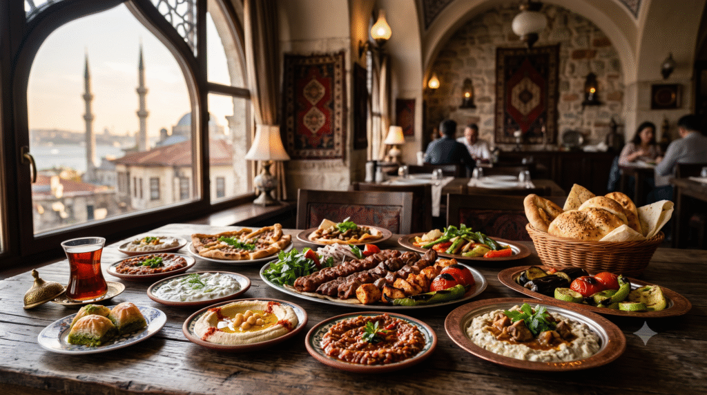 Turkish food photography inside an elegant traditional Istanbul restaurant, beautifully arranged kebabs, meze, grilled vegetables, pide, fresh bread, Turkish tea and baklava on a rustic wooden table, subtle traditional