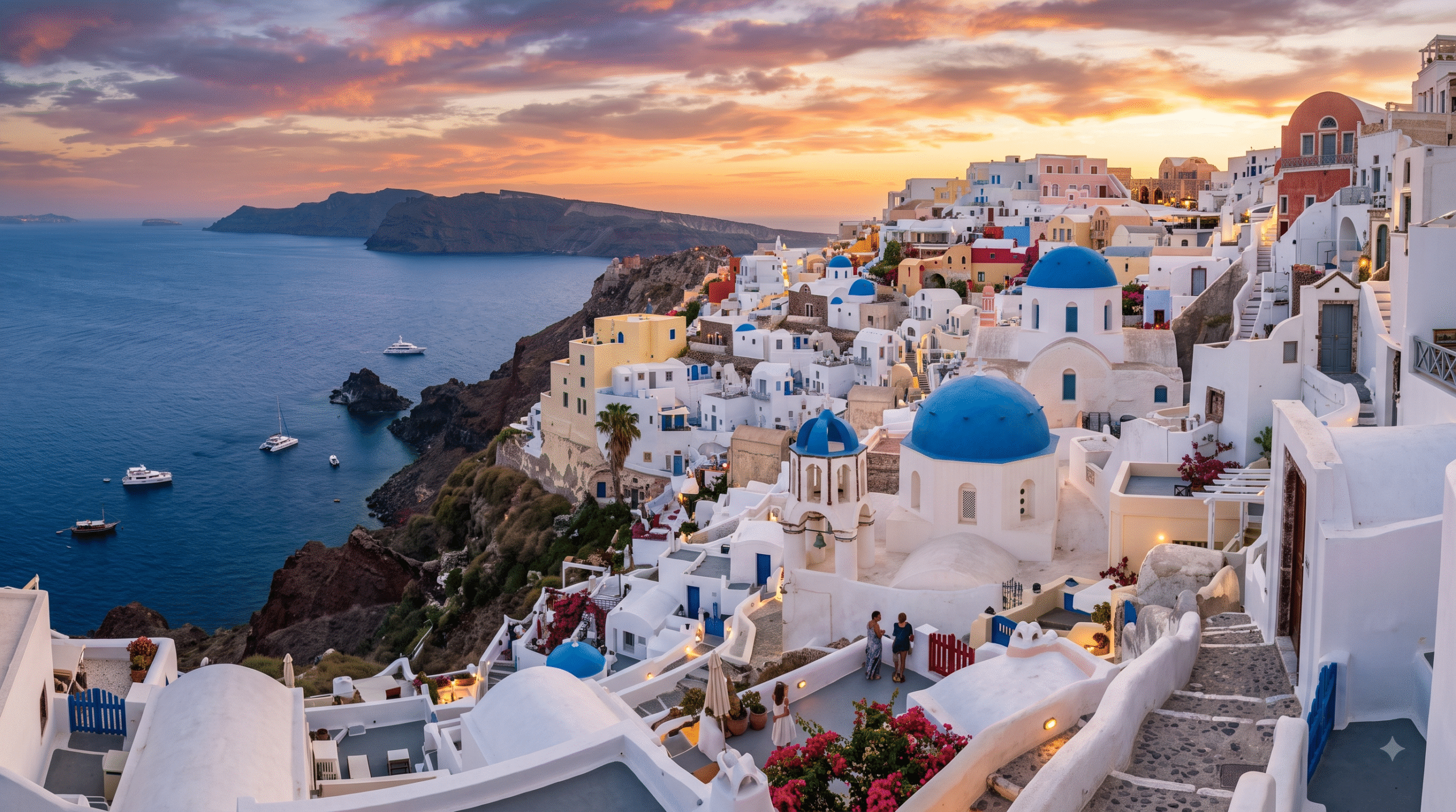 travel photograph of Santorini, Greece at sunset, iconic whitewashed buildings and blue-domed churches