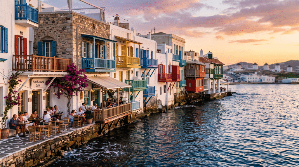 Little Venice in Mykonos, Greece, colourful traditional waterfront houses built directly above the Aegean Sea