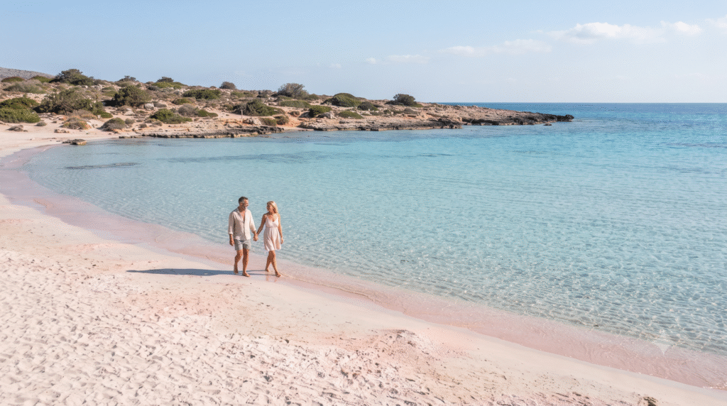 coastal travel photograph of Elafonissi Beach in Crete, Greece, distinctive pale pink and white sandy shoreline meeting