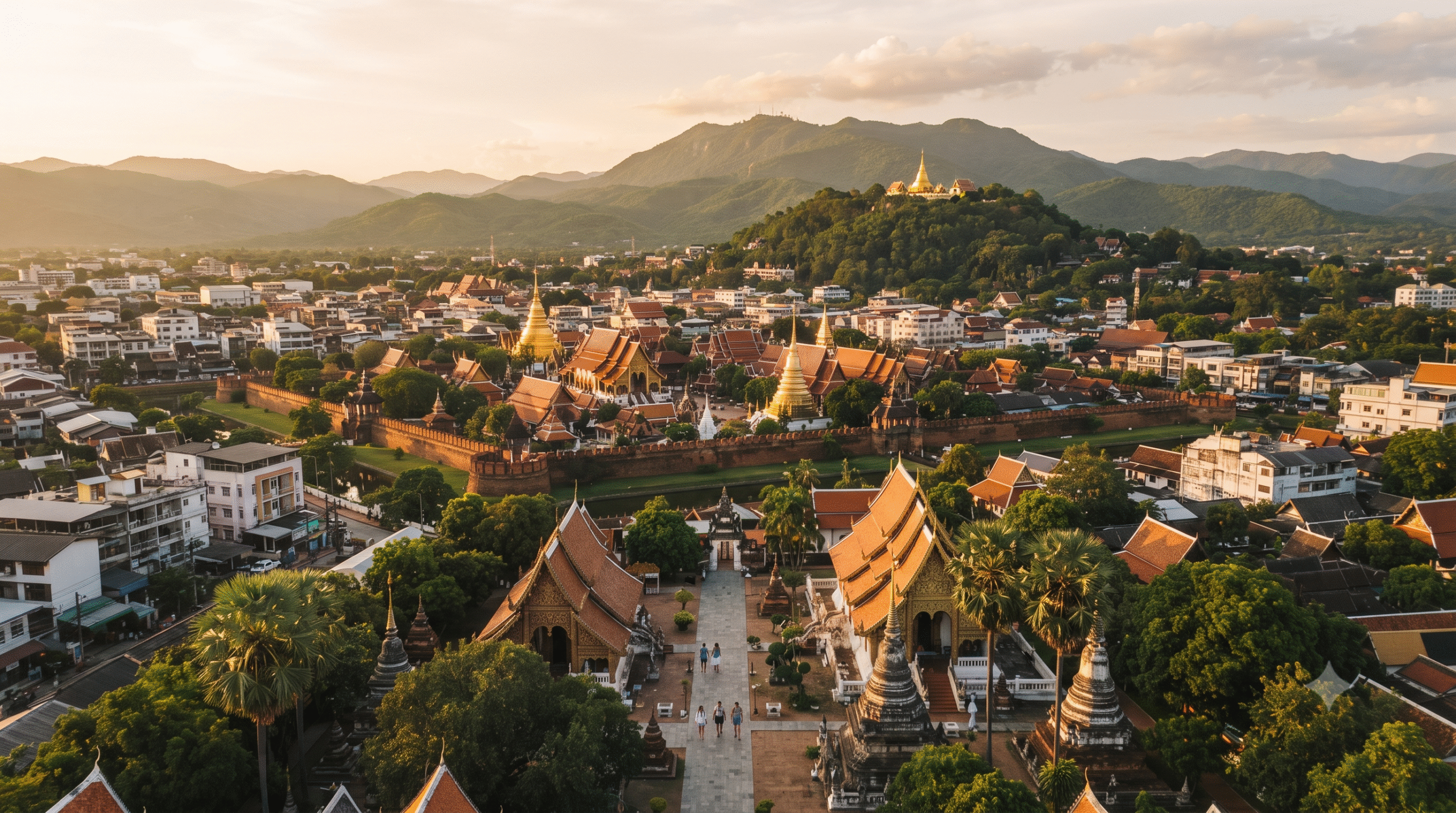 Photorealistic cinematic aerial travel photograph of Chiang Mai, Thailand at golden hour, ancient temple rooftops surrounded by lush green mountains
