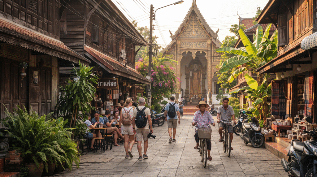 travel photograph inside Chiang Mai Old City, Thailand, narrow historic lane with traditional Lanna-style wooden buildings