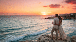 cinematic sunset travel photograph from a quiet coastal viewpoint in Rhodes, Greece,