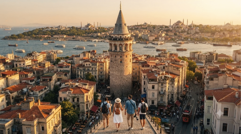 cinematic cityscape photograph of Galata Tower in Istanbul, Turkey, historic medieval stone tower rising above dense traditional rooftops, lively Galata neighbourhood streets below,