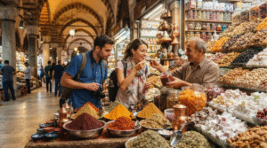 travel photograph inside Istanbul Spice Bazaar, Turkey, vibrant market stall displaying colorful Turkish spices, saffron, dried fruits, nuts, Turkish delight and tea,