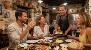 culinary travel photograph inside a traditional Greek taverna in Rhodes, Greece,
