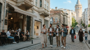 Photorealistic urban lifestyle photograph in Karaköy, Istanbul, Turkey, stylish historic street with restored European architecture, independent cafés,