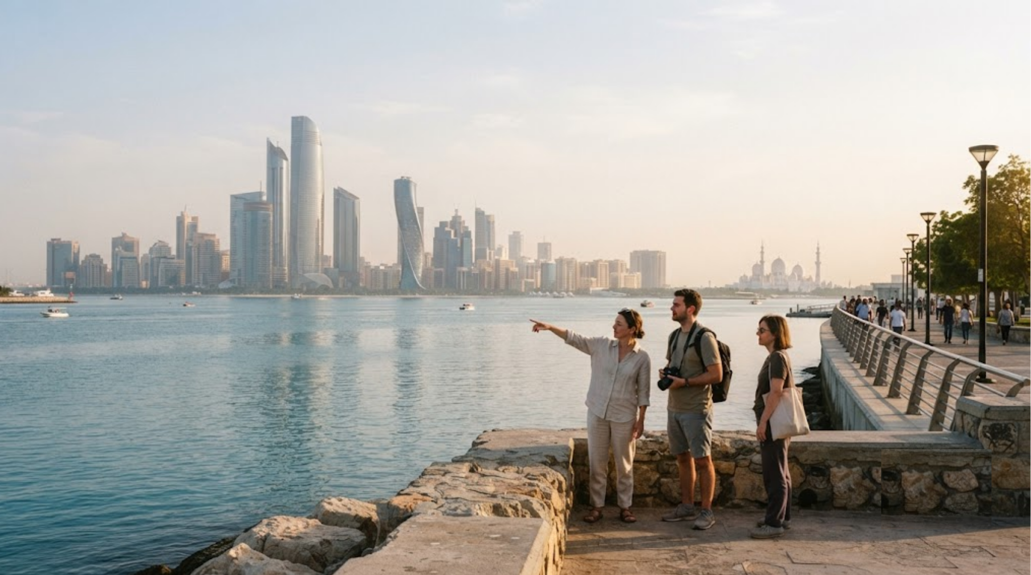 travel photograph of Abu Dhabi, United Arab Emirates, wide panoramic view of the city skyline beside the Arabian Gulf,