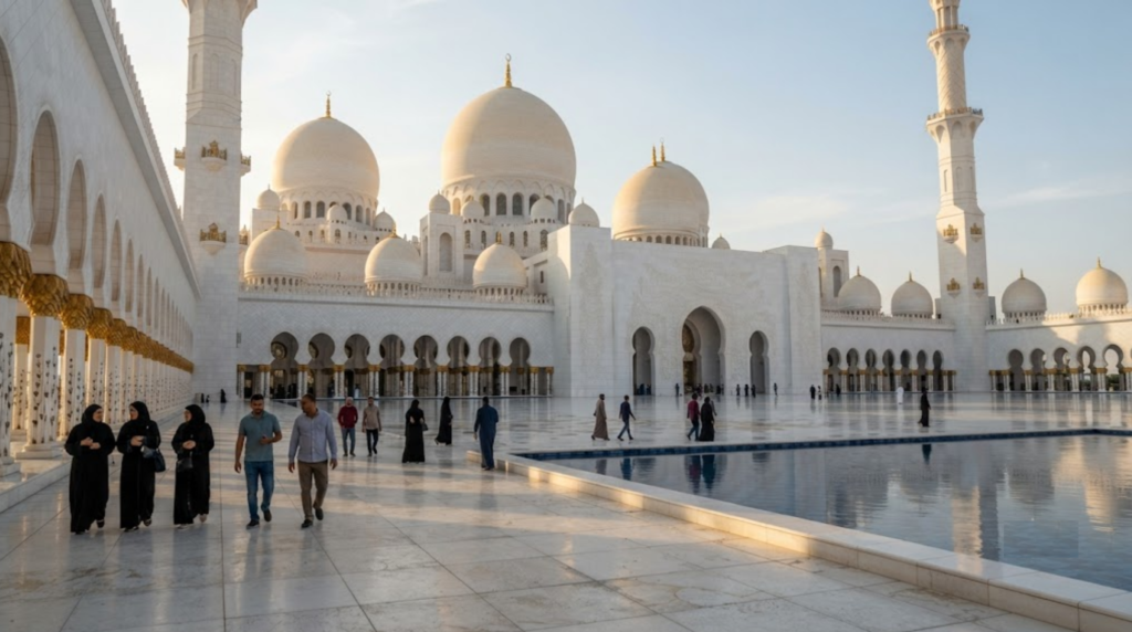 Sheikh Zayed Grand Mosque in Abu Dhabi, UAE, photographed from the surrounding courtyard at late afternoon,