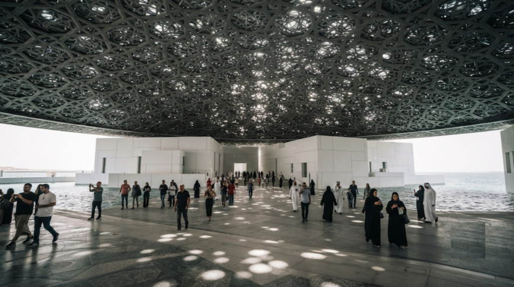 professional architectural travel photograph of Louvre Abu Dhabi on Saadiyat Island, UAE
