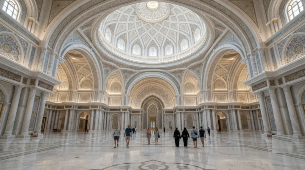 photograph of Qasr Al Watan in Abu Dhabi, UAE, enormous ornate Arabian palace hall with white marble floors