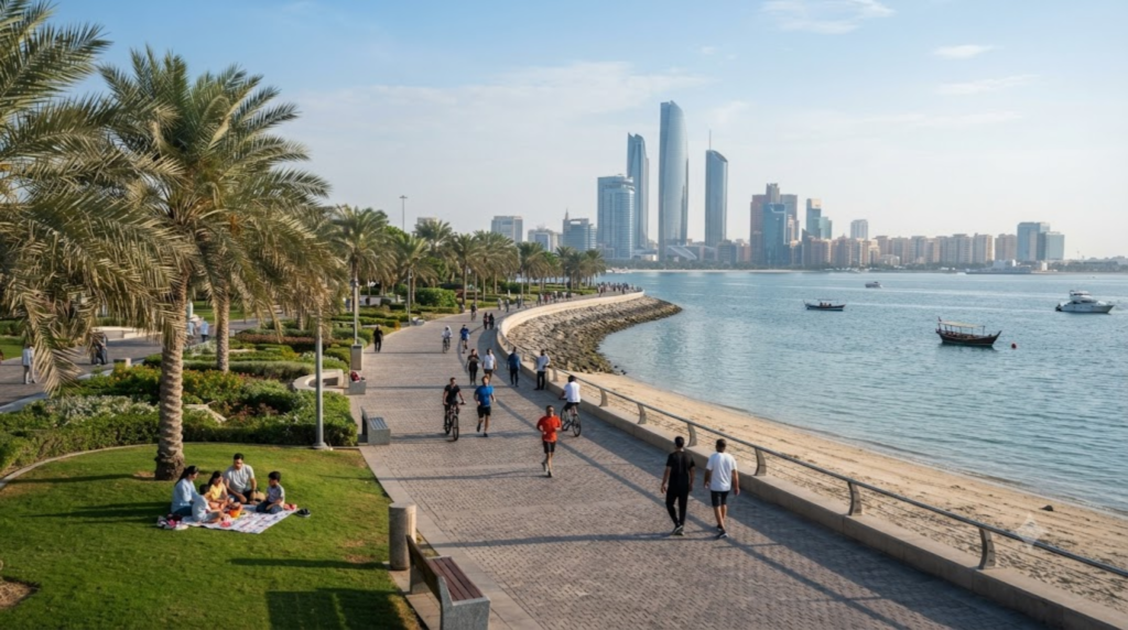 professional travel photograph of Abu Dhabi Corniche, UAE, long waterfront promenade beside the Arabian Gulf,
