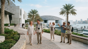 lifestyle travel photograph of adult travellers exploring Saadiyat Cultural District in Abu Dhabi, UAE, contemporary museum architecture,