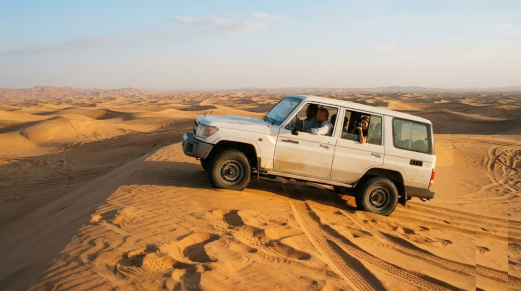 professional adventure photograph in the Abu Dhabi desert, UAE, real 4x4 SUV carefully driving across naturally shaped golden sand dunes,