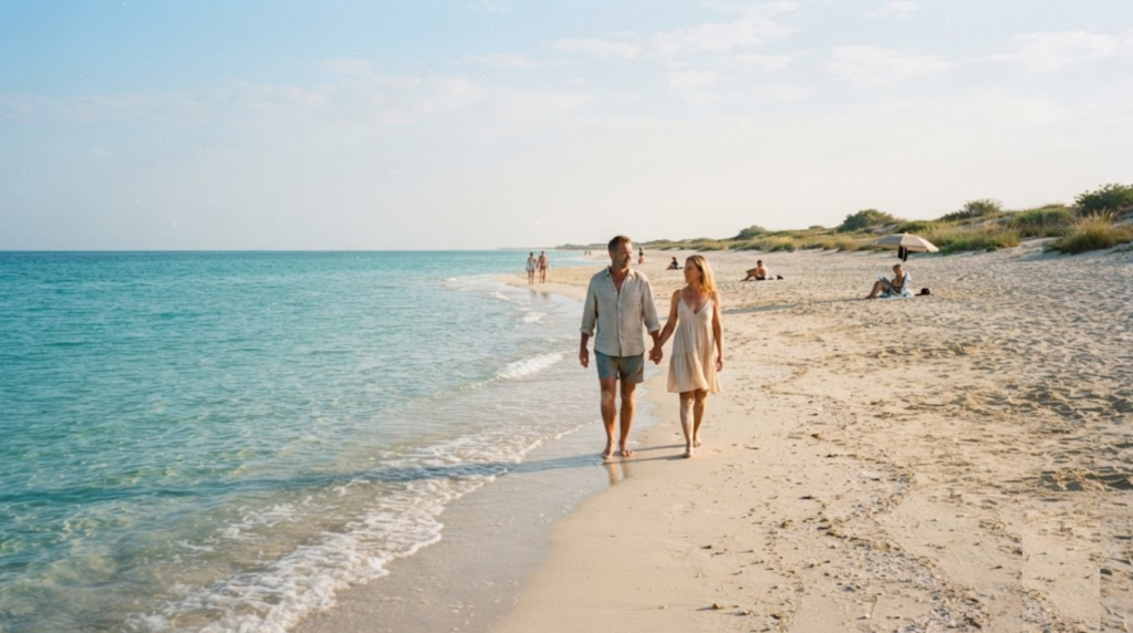 Hyper-realistic professional beach travel photograph of Saadiyat Beach, Abu Dhabi, UAE, wide natural sandy beach beside clear turquoise Arabian Gulf water,